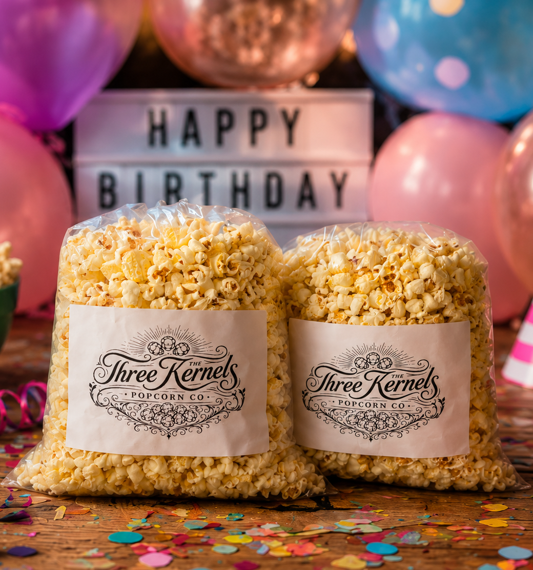 Party popcorn for birthdays and events Two 250g bags of The Three Kernels party popcorn with birthday balloons and Happy birthday sign